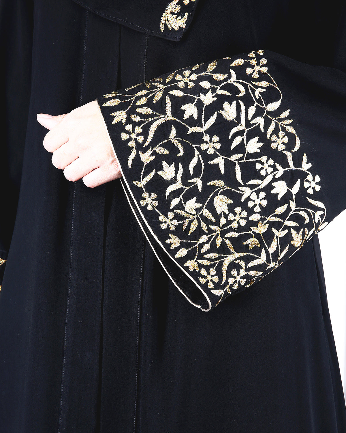Black Abaya With Gold Zari Designer Embroidered Bell Sleeve