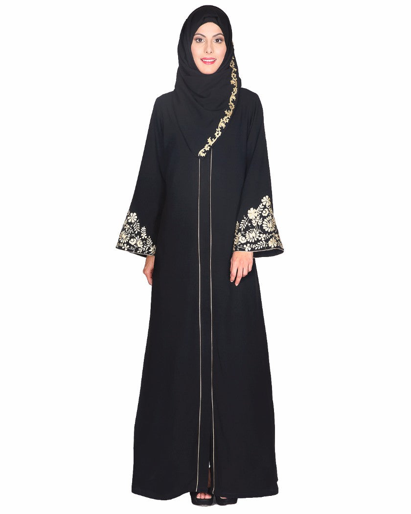 Black Abaya With Gold Zari Embroidered Bell Sleeve
