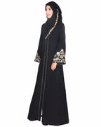 Black Abaya With Gold Zari Embroidered Bell Sleeve