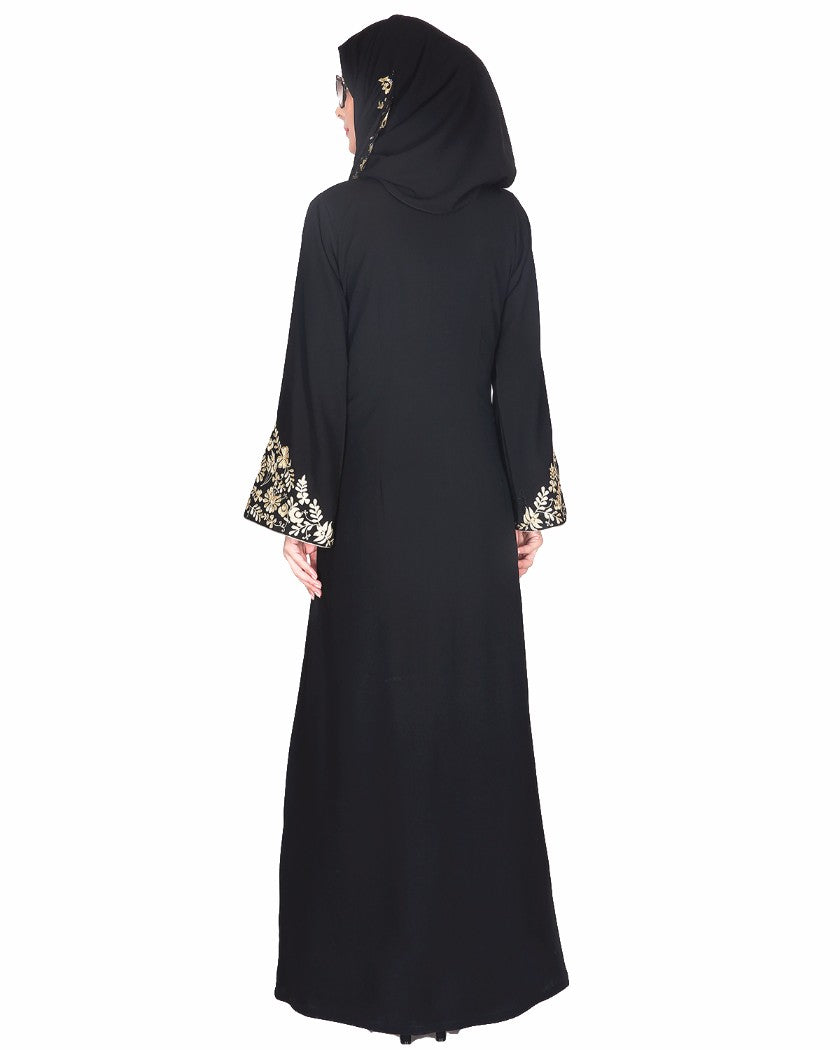 Black Abaya With Gold Zari Embroidered Bell Sleeve