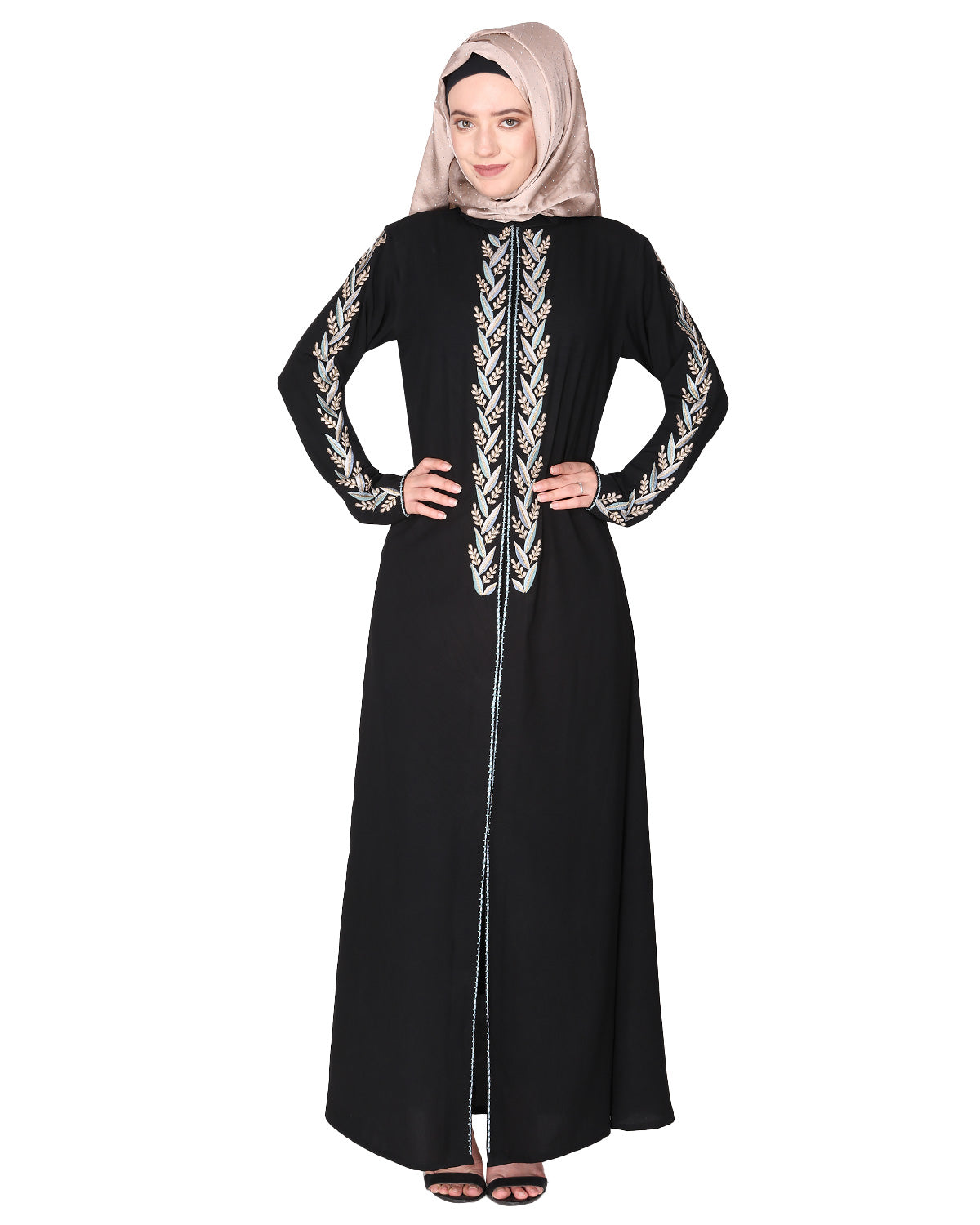 Exclusive Abaya With Turquoise and Gold Leaf Embroidery