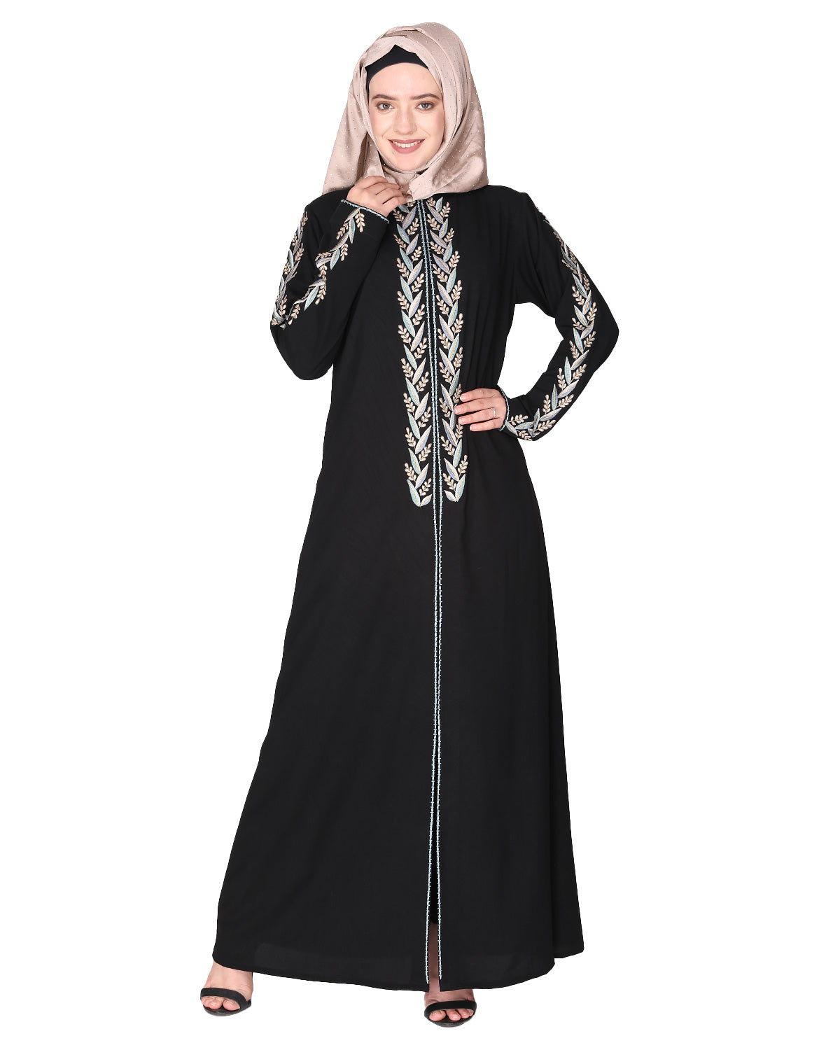 Exclusive Abaya With Turquoise and Gold Leaf Embroidery