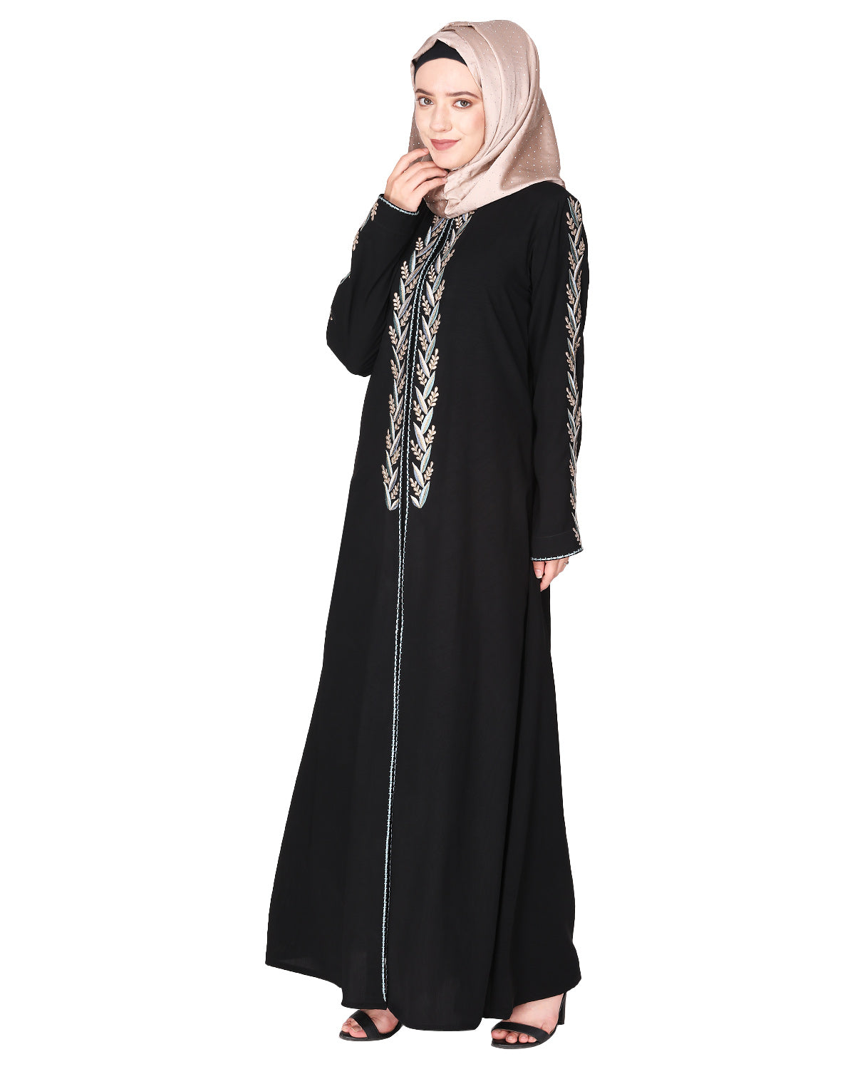 Exclusive Abaya With Turquoise and Gold Leaf Embroidery