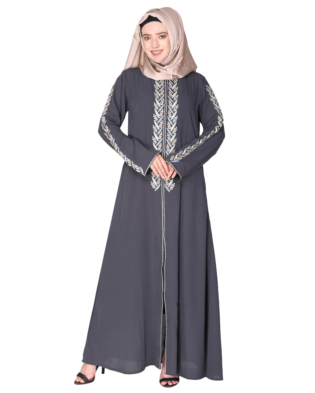 Exclusive Abaya With Turquoise and Gold Leaf Embroidery