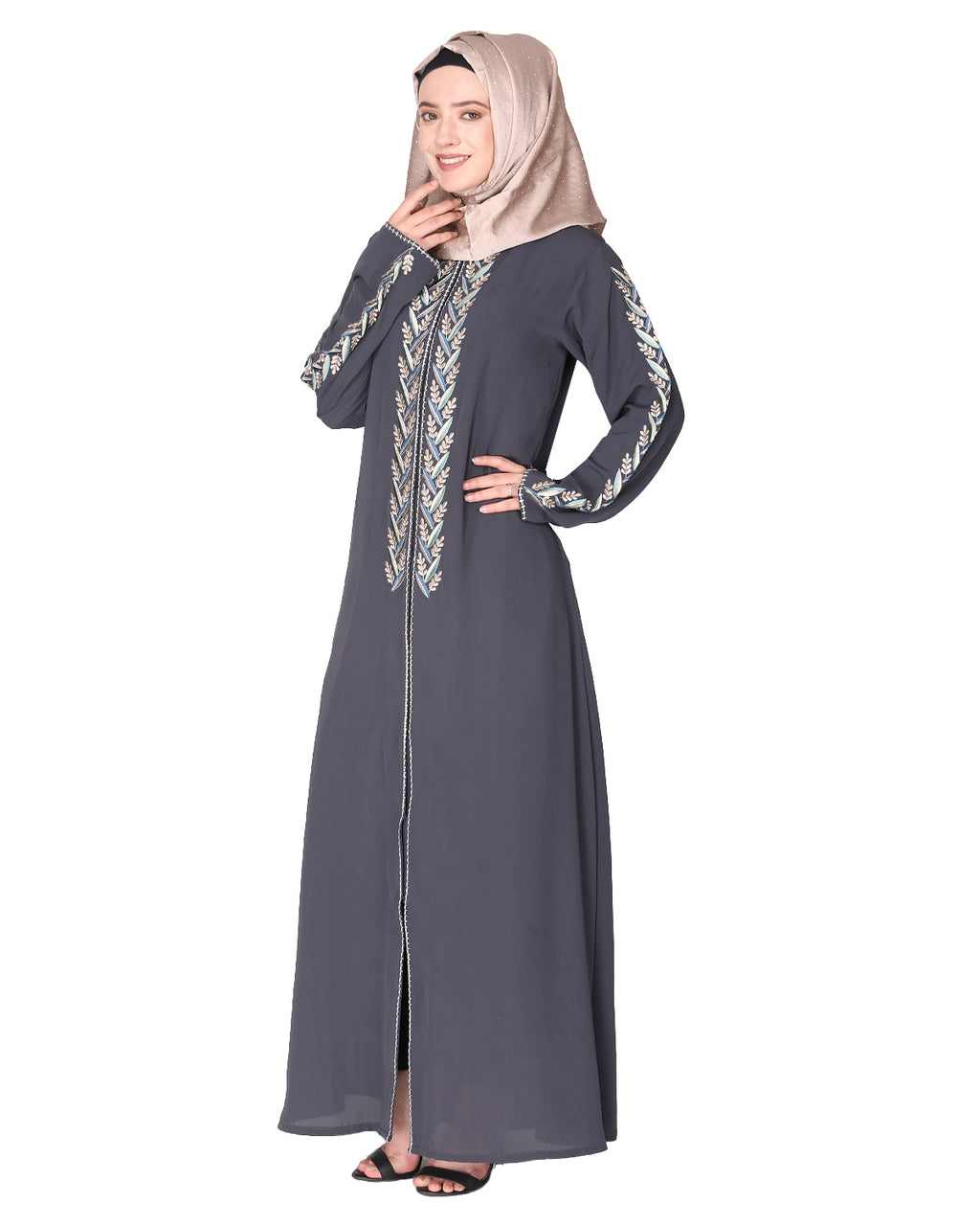Exclusive Abaya With Turquoise and Gold Leaf Embroidery