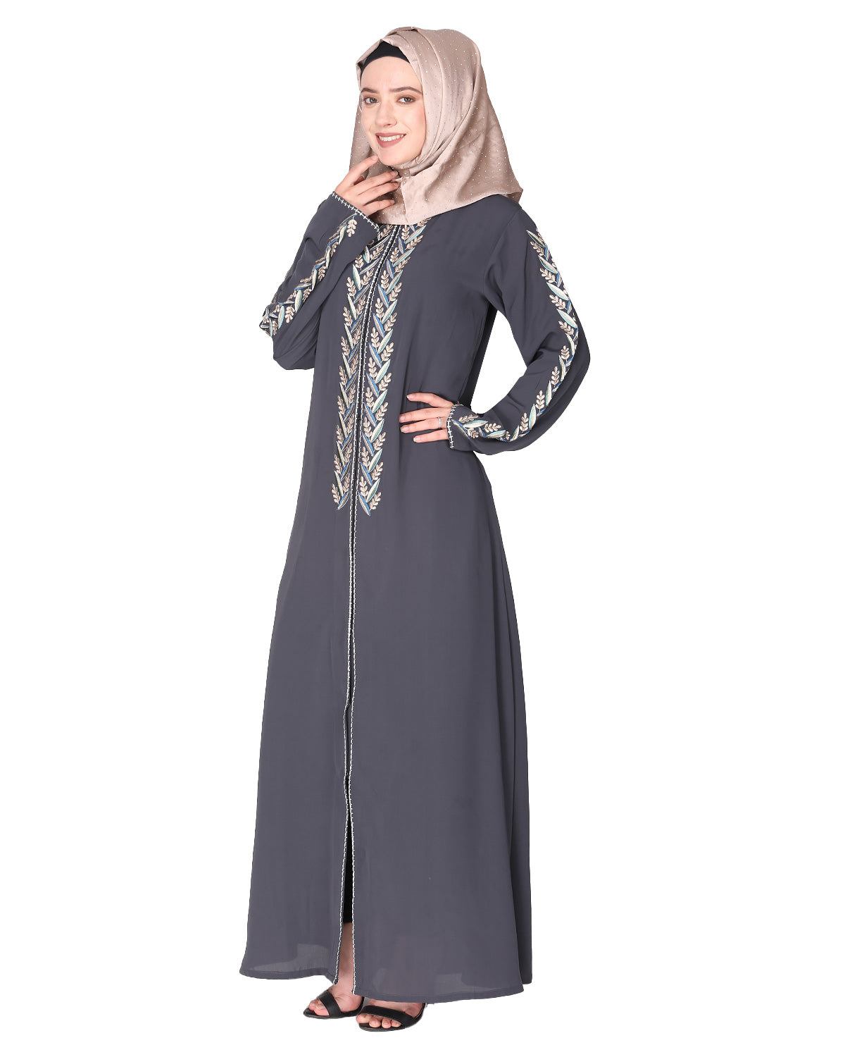 Exclusive Abaya With Turquoise and Gold Leaf Embroidery