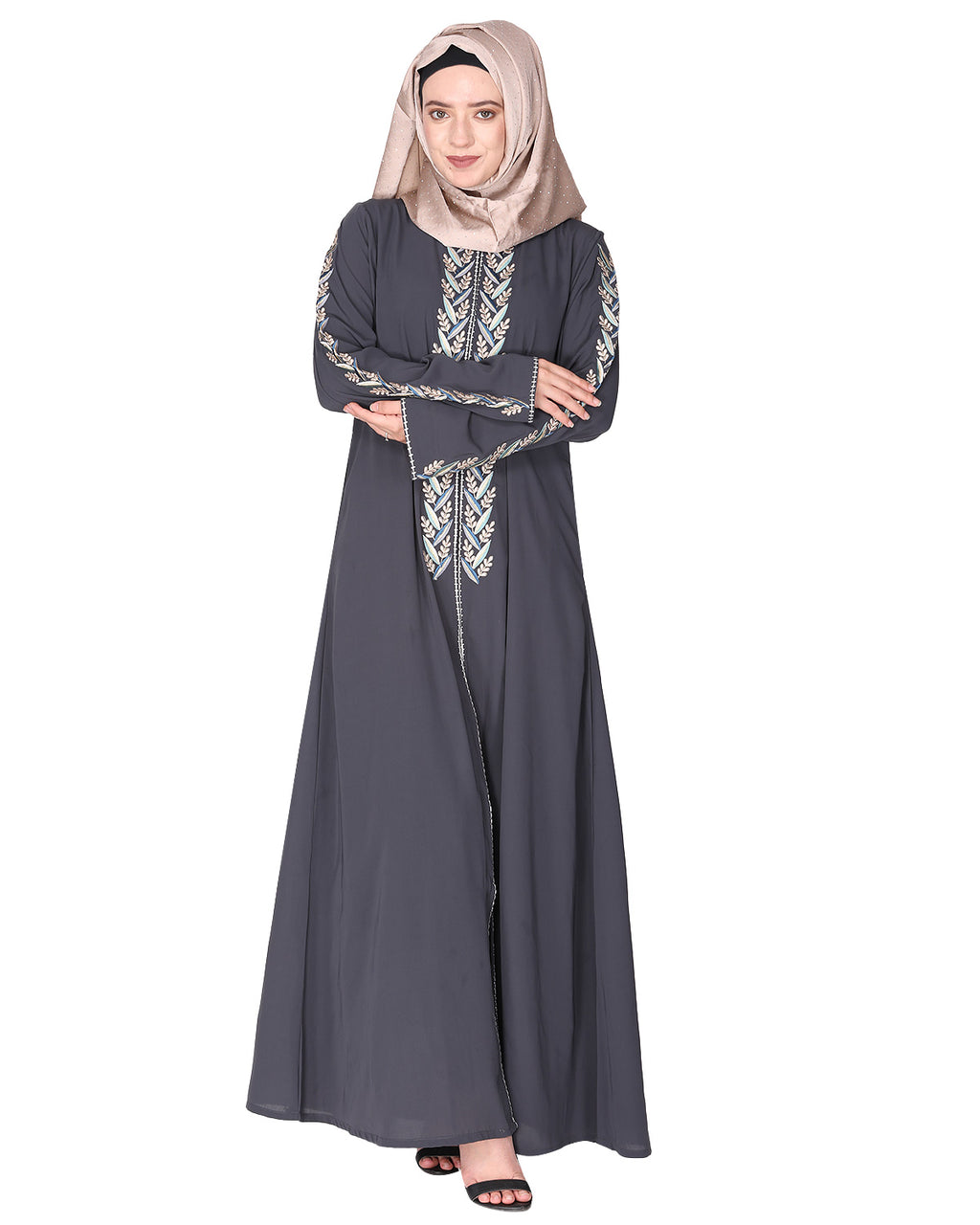Exclusive Abaya With Turquoise and Gold Leaf Embroidery