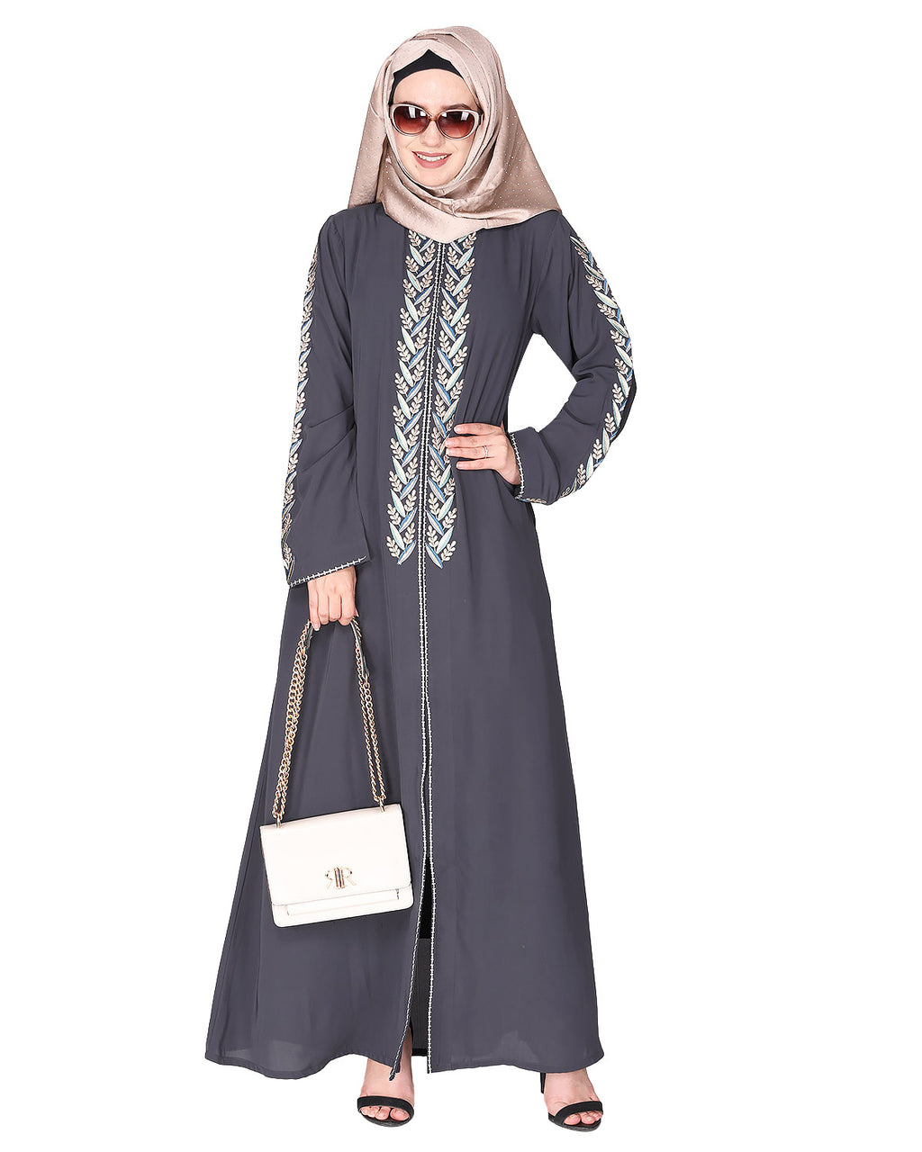 Exclusive Abaya With Turquoise and Gold Leaf Embroidery