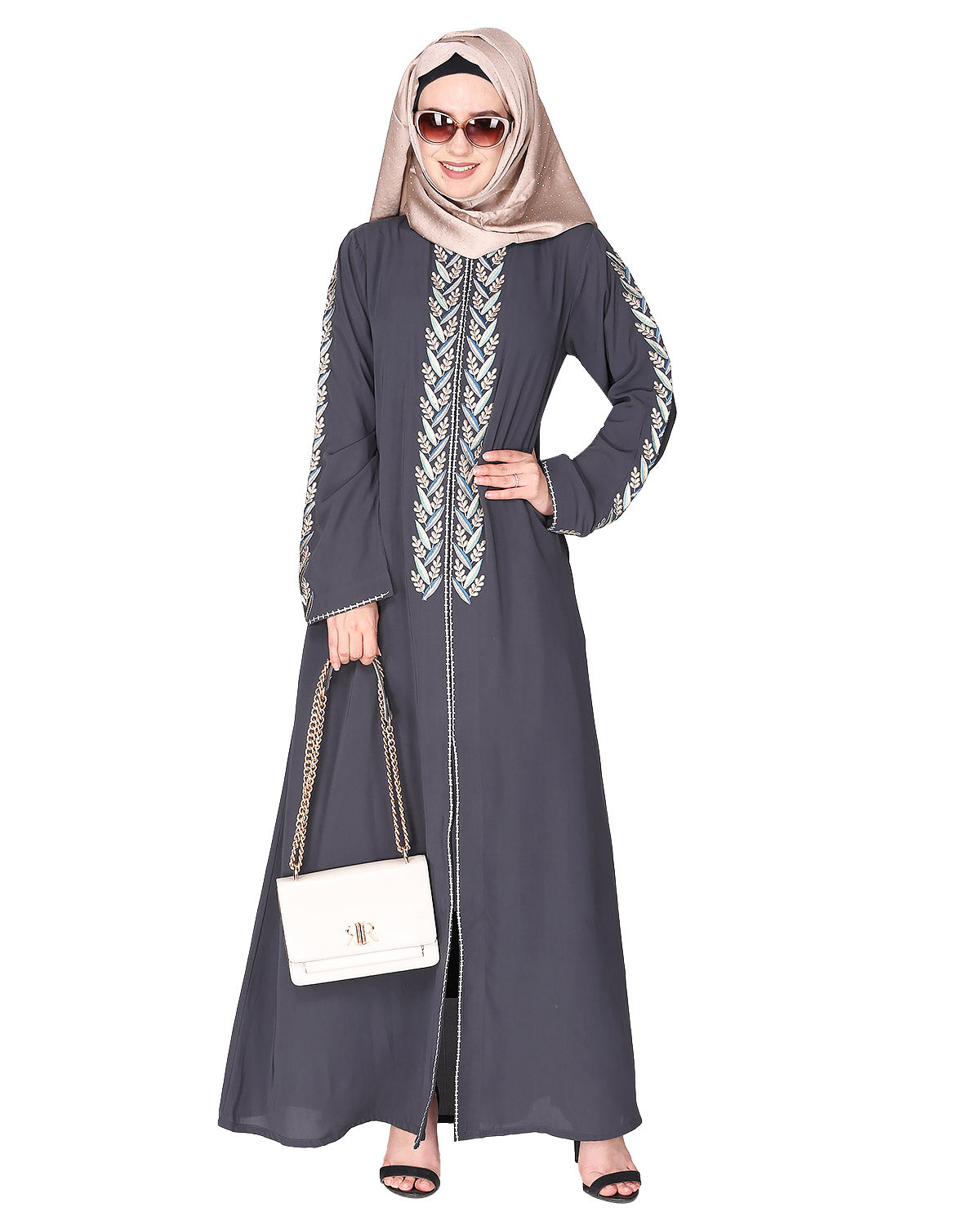 Exclusive Abaya With Turquoise and Gold Leaf Embroidery