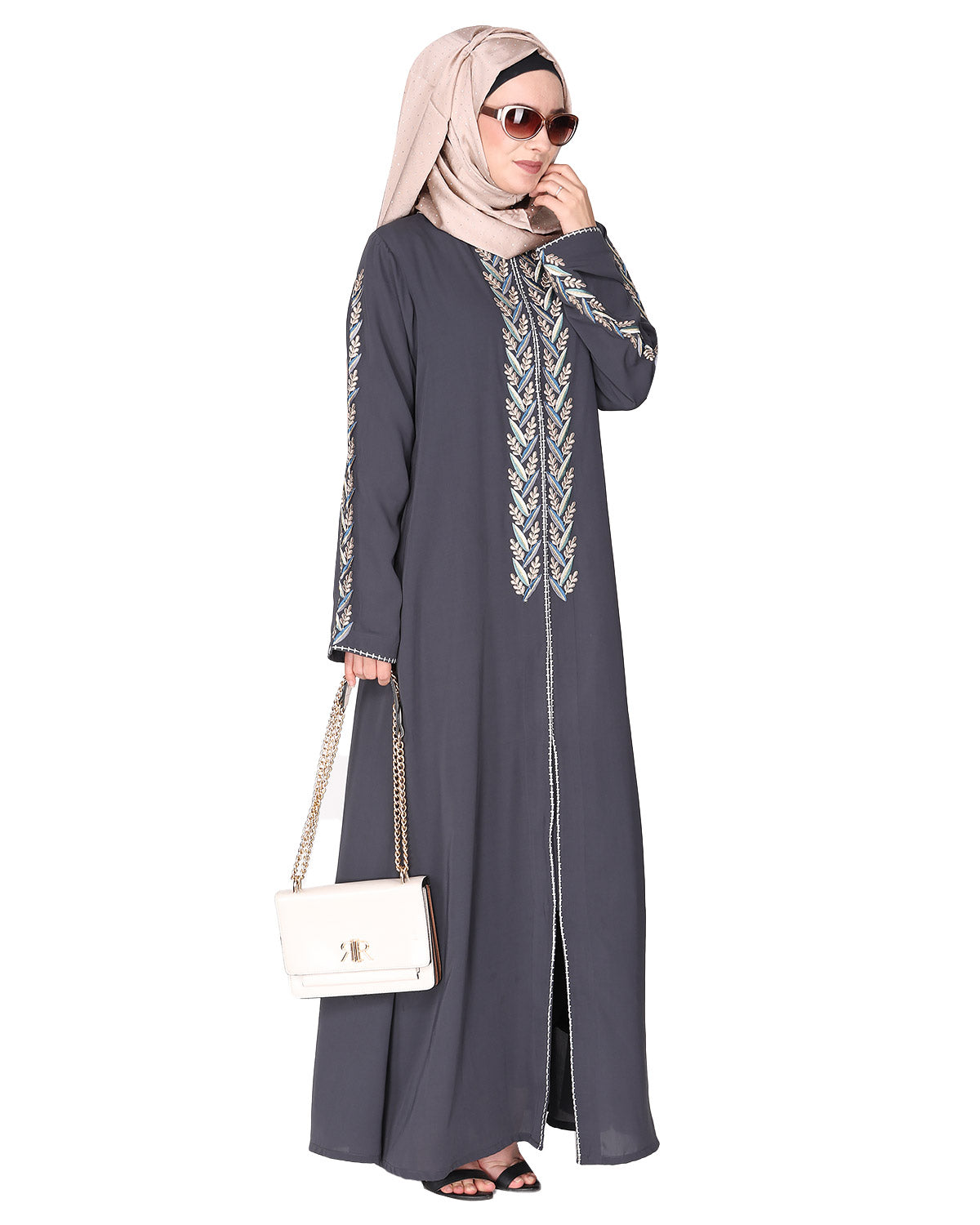 Exclusive Abaya With Turquoise and Gold Leaf Embroidery