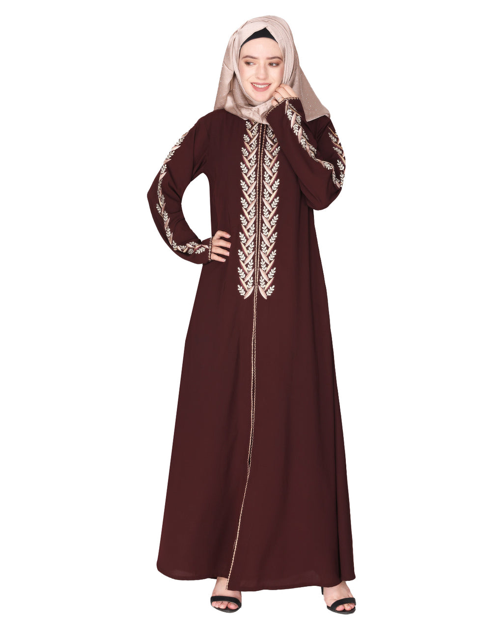 Exclusive Abaya With Turquoise and Gold Leaf Embroidery