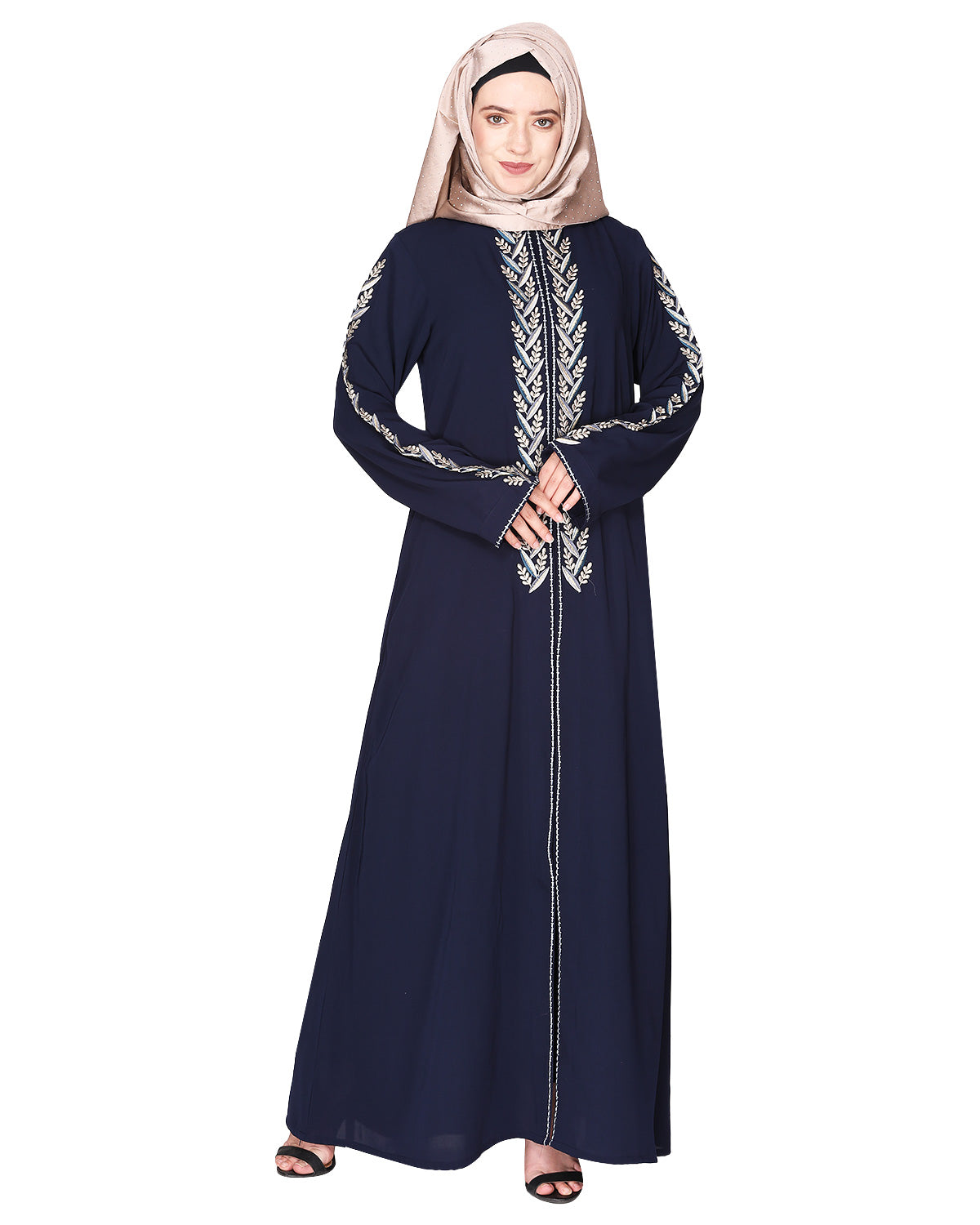 Exclusive Abaya With Turquoise and Gold Leaf Embroidery