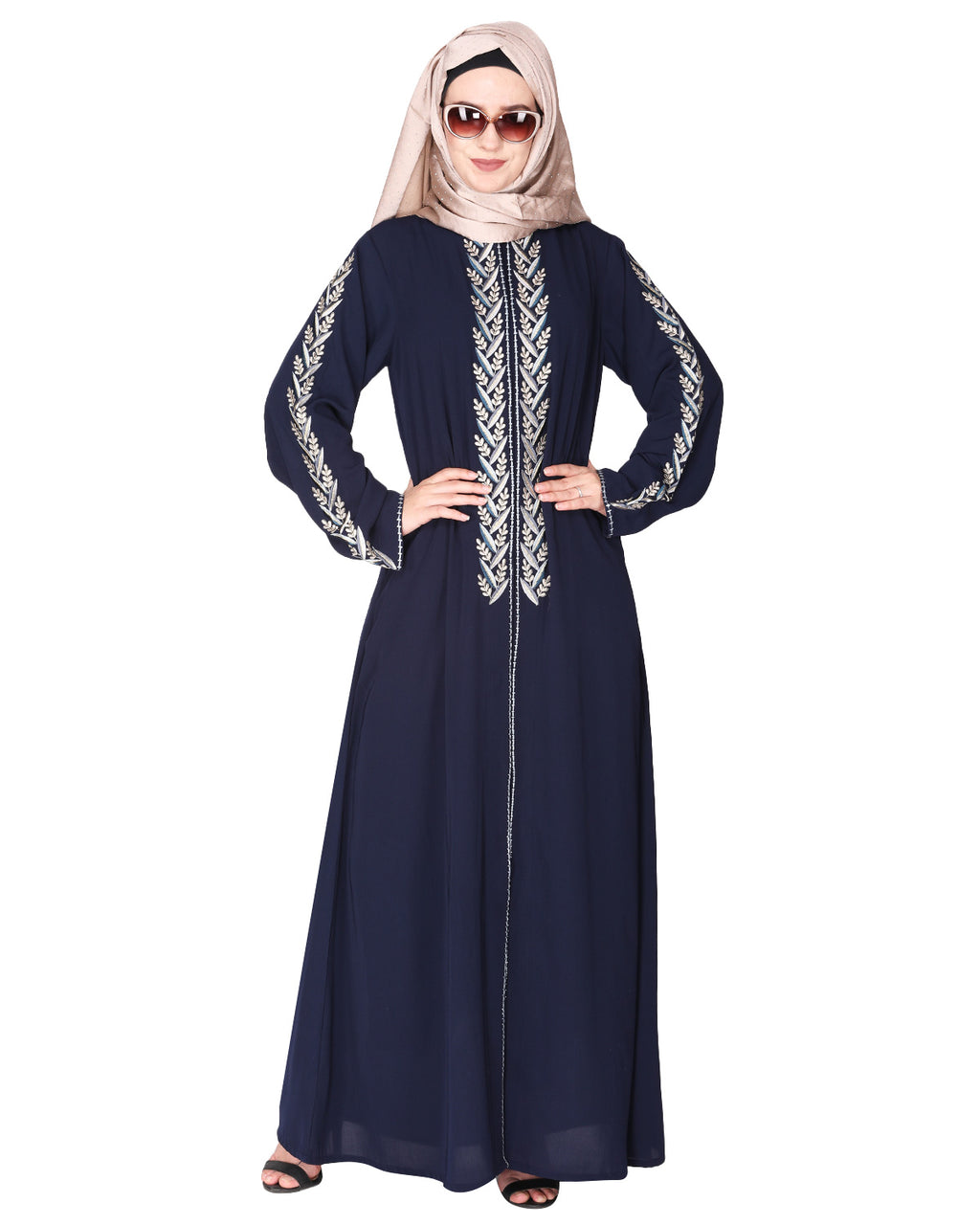 Exclusive Abaya With Turquoise and Gold Leaf Embroidery