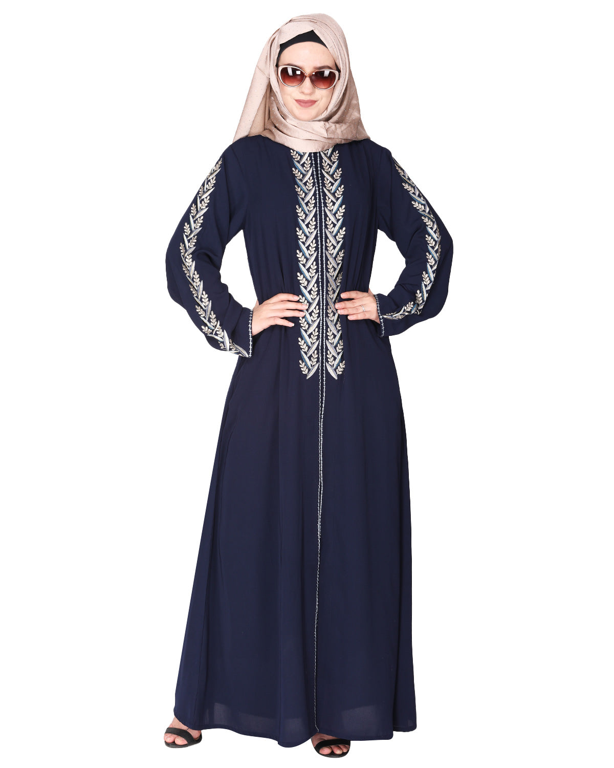 Exclusive Abaya With Turquoise and Gold Leaf Embroidery