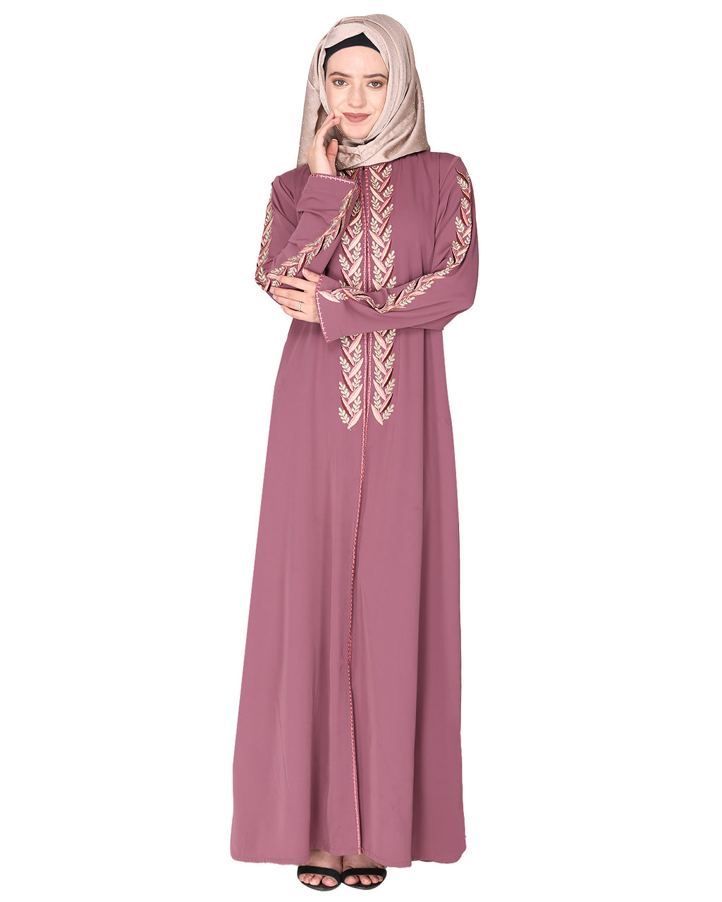 Exclusive Abaya With Turquoise and Gold Leaf Embroidery