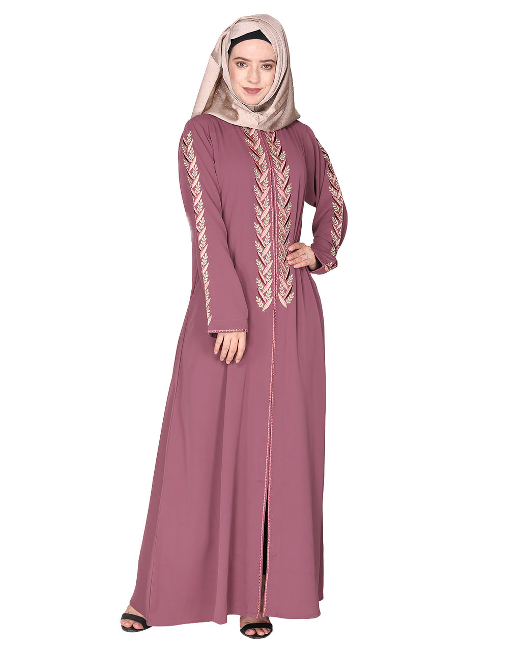 Exclusive Abaya With Turquoise and Gold Leaf Embroidery